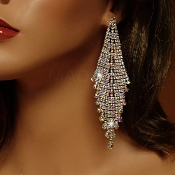 Zara Bling Chandelier Silver Aurora Borealis Rhinestone Earrings, NWT - Picture 3 of 6